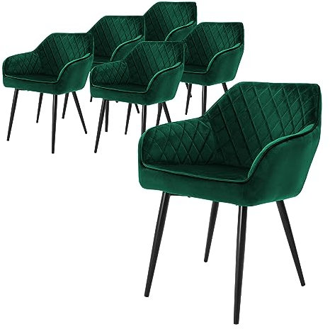ML-Design 6er Set Esszimmerstühle mit Armlehne und Rückenlehne, Dunkelgrün, Küchenstuhl mit Samtbezug, Polsterstuhl mit Metallbeinen, Ergonomischer Stuhl für Esstisch, Esszimmerstuhl Wohnzimmerstuhl