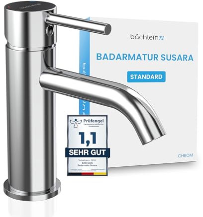 Bächlein Badarmatur Susara mit gebogenem Auslauf, Design Einhebelmischer mit langlebiger Keramikkartusche und Montage-Set, Bad Wasserhahn Chrom