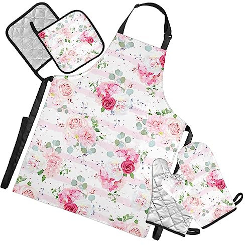 Romantic French Bouquets Apron Heat Resistant Oven Mitt Glove and Pot Holder Kitchen Cooking 5 Piece Set