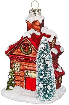 Christbaumschmuck Winterhaus mit Tannenbaum 10cm Glas - Weihnachtshaus Dekofigur zum Aufhängen Rot Grün - Weihnachtsbaum Anhänger - Weihnachtsdorf & Handbemalter Weihnachtsbaumschmuck
