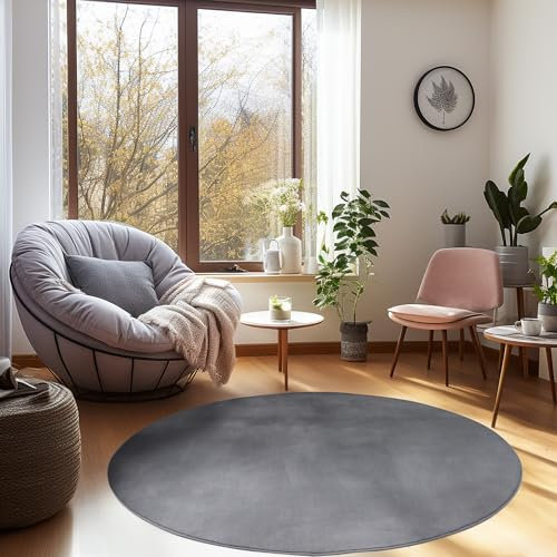 Carpetsale24 Teppich Wohnzimmer Einfarbig Moderne Design Grau 200 cm Rund - rutschfest Kurzflor Teppich für Schlafzimmer Extra Weich und Flauschig - Waschbarer Teppich Esszimmer Küche