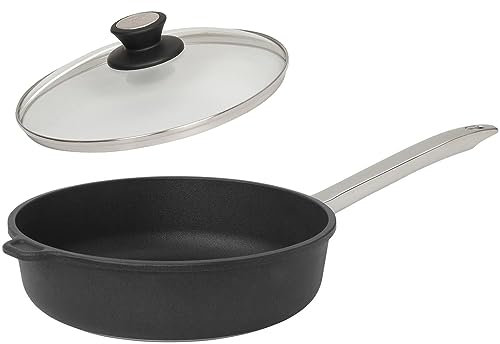 SKK kleine 2-tlg. Schmorpfanne Ø 24 cm - Induktion - Aluguss Antihaft Bratpfanne mit Edelstahlstiel & Glasdeckel mit Edelstahlrand - Made in Germany
