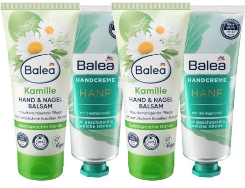 Balea 4er-Set Hautpflege: Hand- und Nagelbalsam KAMILLE mit Panthenol, unterstützt Regeneration der Haut & Elastizität der Nägel (2 x 100 ml) + Handcreme HANF mit Hanfsamenöl (2 x 75 ml), 350 ml