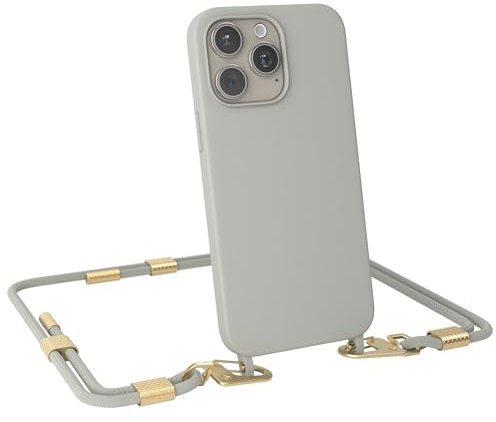 EAZY CASE - Handykette mit Karabiner kompatibel mit iPhone 15 Pro Max - Hülle Silikon Fallschutz Handyhülle für iPhone 15 Pro Max Kette zum Umhängen Schutzhülle mit Mikrofaser in Taupe - Clips Gold