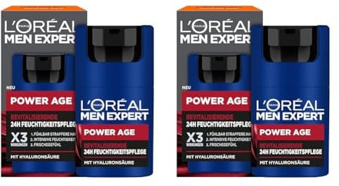 L'Oréal Men Expert Gesichtspflege gegen Falten für Männer, Anti-Aging Feuchtigkeitscreme für müde und matte Haut, Gesichtscreme für Herren mit Hyaluronsäure, Power Age, 1 x 50 ml (Packung mit 2)