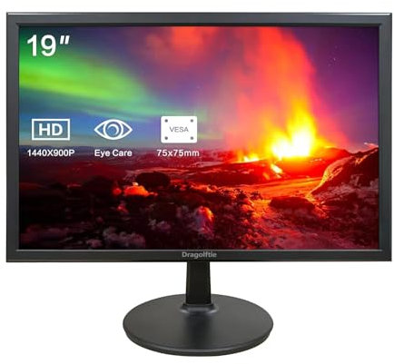 Dragolftie Monitor de Escritorio para PC de 19 Pulgadas, 1440 x 900, Altavoces Integrados duales, 60 Hz, 5 ms, Pantalla de computadora, monitores LED de luz Azul Baja, HDMI, VGA, Pantalla de Negocios