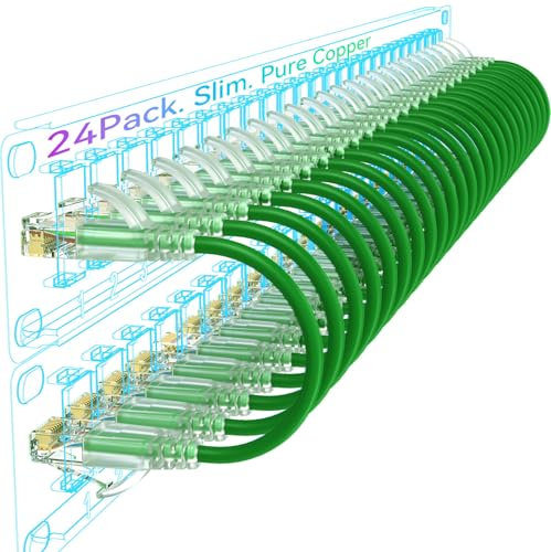 Sokqovt Cat6a Slim Ethernet Patch Cable 3ft (24 Pack), Flexible 10G 550MHZ, 28AWG Pure Copper for Network Cabinet, Cat 6 Green