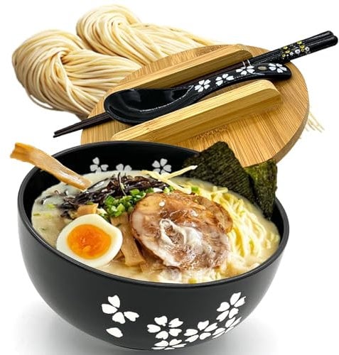 Ramen Bowl Ceramic Bowl Set - Instant Noodle Bowl with Lid Chopsticks Soup Spoon, Asian Tableware Pho Soup Bowls Salad Bowl Cereal Bowls Japanese Noodle Crockery Set Black