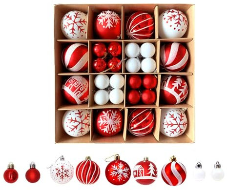 Weihnachtskugeln Set 44 Stücke, 12 Stücke 6CM Kunststoff Christbaumkugeln Deko Weihnachten, Weihnachtsbaumschmuck mit Aufhänger Bruchsicher, Weihnachtsbaumkugeln Klassische (Rad White)
