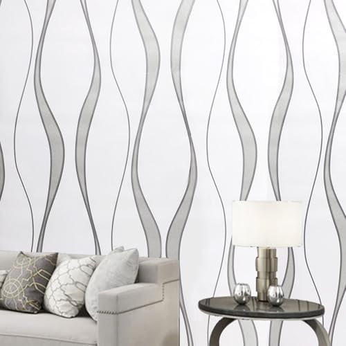 Beswitory White Wallpaper Modern Minimalist 3D Grey Wave Wallpaper for Living Room Bedroom TV Backdrop Kitchen, Feature Long Wave Stripe Geometric Pattern