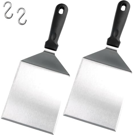 Spatola per Hamburger, Set di 2 Spatola in Acciaio Inox, Grande Spatola per Piastra per Barbecue, Accessori per Piastra da Cucina, Include Gancio, per Barbecue Plancha Teppanyaki e Piastra Grill