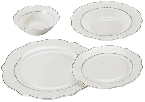 Set di 24 stoviglie in porcellana per 6 persone, colore bianco con bordo argentato