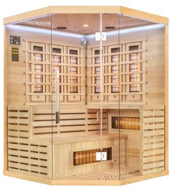 SwedHeat Infrarotkabine Bergen - 150x150x200cm | Infrarotlampe mit LED-Farblicht & Glastür, inkl.Vollspektrumstrahler Infrarotsauna für 3-4 personen | Eckeinstieg Infrarot Wärmekabine für Zuhause