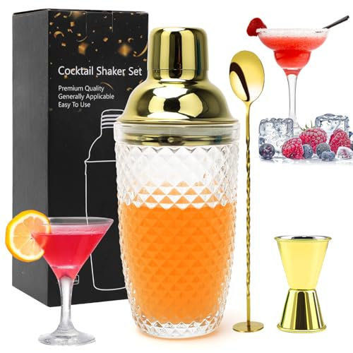 Gohytal Shaker à cocktail en verre transparent doré de 400 ml avec verre doseur et cuillère à mélanger pour la maison, le bar, la fête pour barman et la maison