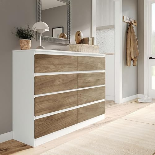 URBNLIVING Modern White Wooden Chest with Oak 8 Drawers for Bedroom Office Storage Versatile Bedside Table Stylish Cabinet for Organizing Clothes Accessories Work Place Supplies and Personal Items