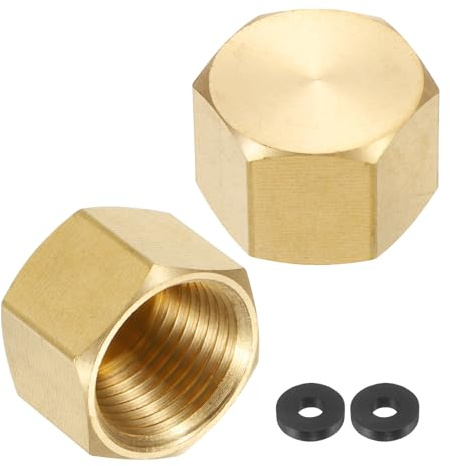 QUARKZMAN 2 Stücke Messing Sechskant-Stecker-Kompressionskappe Fitting Stop Ventilkappe, 3/8 NPT Sechskant-Gewinde-Rohrverschraubung Flare-Kappe für Klimaanlage, Wasser, Gold