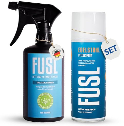 FUSL Edelstahlreiniger Set Pflege + Reinigung | Effektiv gegen Fett & Schmutz | Streifenfreier Glanz | Für Edelstahl, Aluminium, Chrom in Haushalt, Küche, Handwerk & Gastro