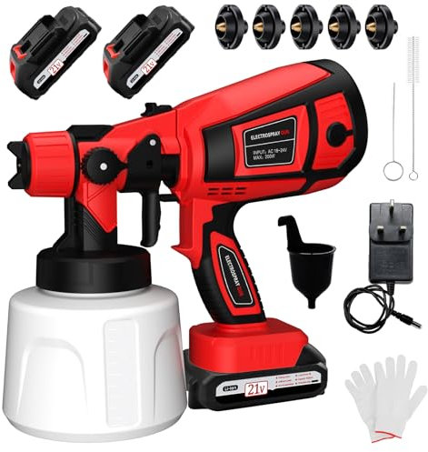 Cordless Paint Sprayer, Fence Paint Sprayer with 21V Battery, Handheld Paint Gun with 2x 2000mAh Batteries & Charger & 1000ML Container for Fencing, Sheds, DIY Painting