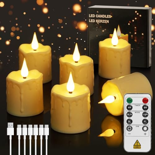 HoneTeek Rechargeable Candles with Remote, 6pcs Flickering Flameless LED Tea Lights Candles with Timer, USB Charging Battery Operated Tea Lights Candle for Home, Party, Christmas Decoration