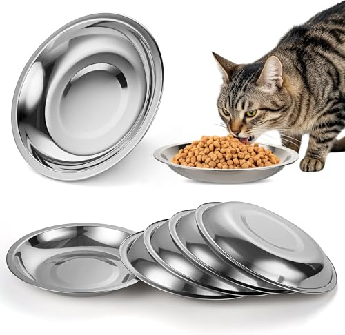 6Pcs Stainless Steel Cat Bowls, 7In Shallow Wide Metal Cat Food Dishes | Whisker Friendly Kitten Bowls for Wet Food and Water, Dishwasher Safe Basic Pet Plates for Indoor Cats