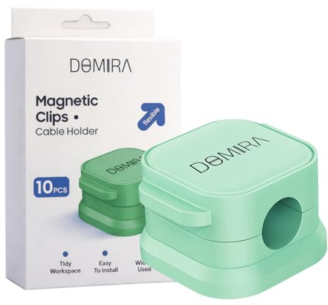 DOMIRA 10 Magnetic Cable Holder Clips – Desk Cable Tidy & Charger Cable Organiser – Magnetic Door Clip for Wire Management – 6 Colours – Self Adhesive Clip for Desk Cable Organizer (Green)