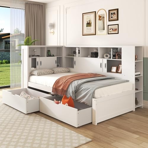 EINHOM Single Bed Frame with Storage Drawers, 3ft Platform Bed with Bookcase &-USB, Storage Bed with Large Storage Space, 190 x 90 cm, Pine, White, (No Mattress)