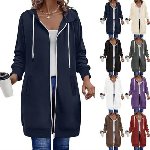 Generisch Sweatjacke Damen Hoodie mit Kapuze Lang Fleecejacke Herbst Winter Übergangsjacke Casual Einfarbig Kapuzenjacke Locker Kapuzenpullover mit Reißverschluss und Taschen