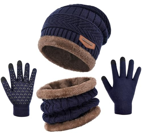 29 IYEBRAO 3-Teiliges Wintermützen-Handschuhe-Schal-Set Dickes Fleecefutter Warme Strickmütze Touchscreen-Handschuhe Halstuch für Kaltes Wetter Männer & Frauen