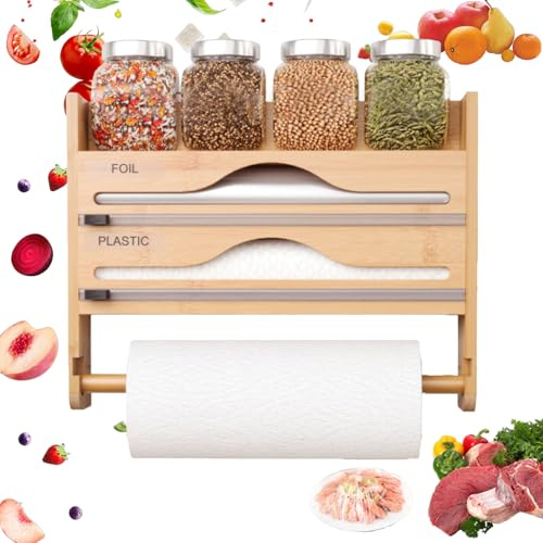 Jenmayt Küchenrollenhalter Wand 4-in-1 mit Folienschneider,aus Bambus | Frischhaltefolienspender,Alufolienspender,Küchenorganizer ohne Bohren für Frischhaltefolie, Alufolie, Küchenpapier & Gewürze