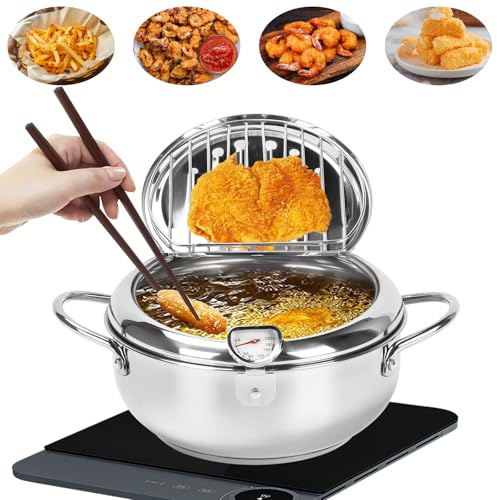 Olla Freidora, 2.2L Freidora Tempura de Acero Inoxidable Estilo Japonés, Olla para Freír Tempura con Termómetro y Tapa, Olla para Freír de Acero Inoxidable de Estilo Japonés para Cocinar Papas Fritas