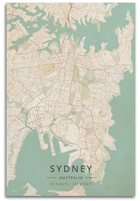 CMHONLY Landmark Poster Sydney Vintage – Blaugrüne Karte, Poster, moderne Wandkunst, Leinwand, ästhetische Dekoration, Gemälde, 30 x 45 cm, ungerahmter Stil