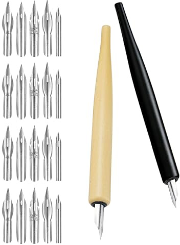 FUNOMOCYA Wooden Dip Pen Set with 2 Nib Holders and 20 Replaceable Comic Inking Nibs, and Black Fountain Pens for Calligraphy, Manga Drawing, and Artistic Illustration Supplies