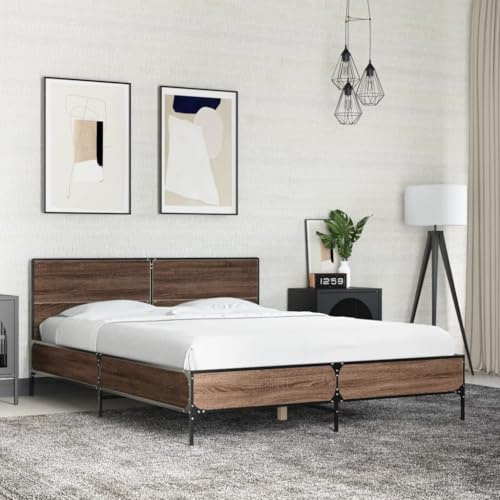 GeenYuu Bettgestell Braun Eichen-Optik 140x200 cm, Holzwerkstoff Metall, robuste Plattform für Schlafzimmer Möbel, langlebige Betten