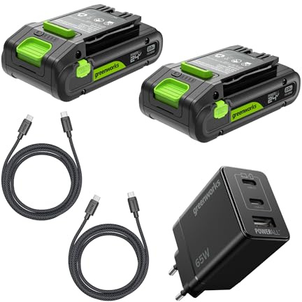 Greenworks 2x24V 2Ah Batterie High Power USB-C & Chargeur USB-C 65 W & Câble Kit,Compatible avec Tous Les Outils Greenworks 200+ de la Série 24 V, Garantie 2 Ans - K2D4DEA