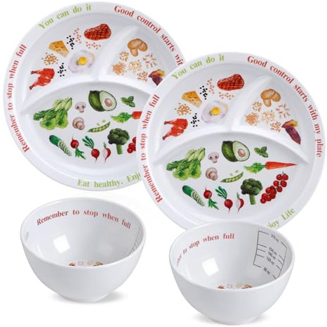 Yuecda 4-packPortion Control Plate for Balanced Eating -Healthy Nutrition Plate for Adults and Teens - Melamine Dividers, Perfect for Balanced Eating and Diet Management（Arc-Shaped Style）