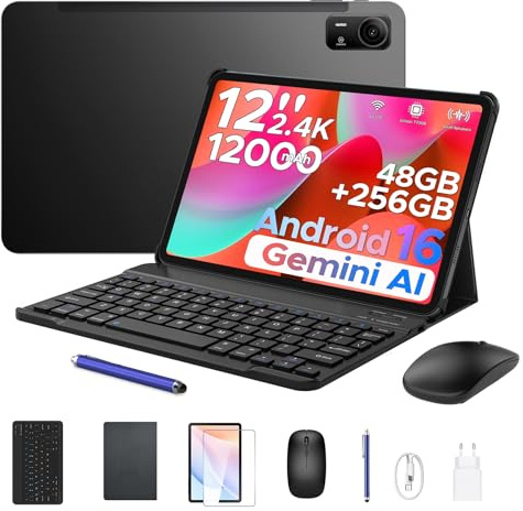 BIRDCLAW P12 Pro Tablet 12 Pollici, 12000mAh Tablet Android 16, 48GB RAM+256GB ROM/2TB TF, T7300 Octa-Core, 4G LTE, 2.4K/120Hz, 13MP, Gemini AI, Face ID/OTG/GPS/FM, Tablet con Tastiera e Penna, Nero