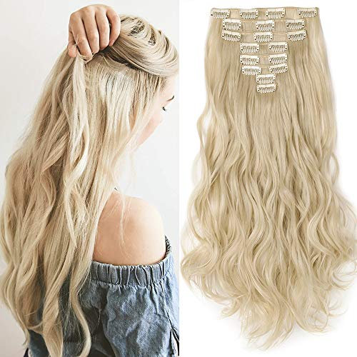 SEGO Clip in Extensions Haarverlängerung Haarteil 8 Tressen wie Echthaar gewellt Gebleichtes Blond 24(61cm)
