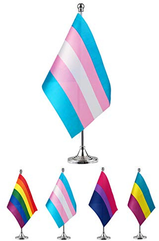 GentleGirl. USA Transgender Regenbogen Tischflagge LGBT Stick Kleine Miniatur Transgender Regenbogen Flagge Büro Tischflagge mit Ständer Basis, Transgender Regenbogen Flagge Stolz und Stolz Mottoparty