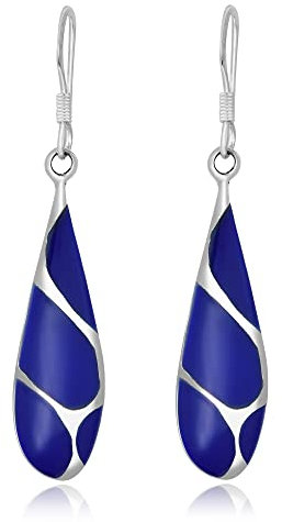 Vintage Simulated Blue Lapis-Lazuli Streak Teardrop .925 Sterling Silver Dangle Earrings