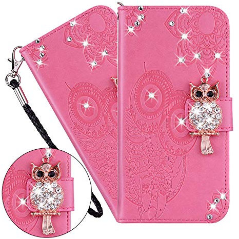 LEMAXELERS Galaxy A21S Hülle,Für Samsung Galaxy A21S Handyhülle Glitzer Diamant Eule Blume Prägung Flip Case PU Leder Cover Magnet Schutzhülle Ständer Handytasche für Samsung Galaxy A21S,YK Owl Pink