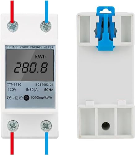 Heaveant Compteur d'Énergie Numérique, 220V 5(80) A 2 Fils 2P sous Compteur Électrique Monophasé, Din Rail Compteur Électrique d'alimentation avec Affichage LCD Convient à la Maison, L'appartement