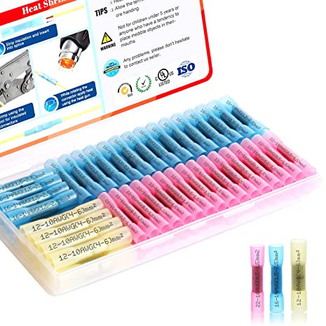 AIRIC Heat Shrink Wire Connectors Waterproof 100pcs Marine Automotive Electrical Crimp Insulated Terminals 22-16 AWG 16-14 Gauge 12-10 Butt Splice Kit