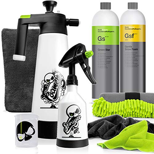 detailmate Koch Chemie Auto Foam Set: Koch Chemie Green Star 1L + Gentle Snow Foam 1L + Nuke Guys: Messbecher + Sprayer + Foamer + detailmate: 2 Mikrofasertücher + Insektenschwamm + Waschhandschuh