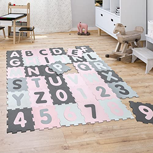 Paco Home Puzzlematte Spielmatte Schaumstoffmatte Baby Kinder Matte rutschfest Zahlen Buchstaben Pastell 36 Teile, Grösse:32x32 cm x 36 STK., Farbe:Pink