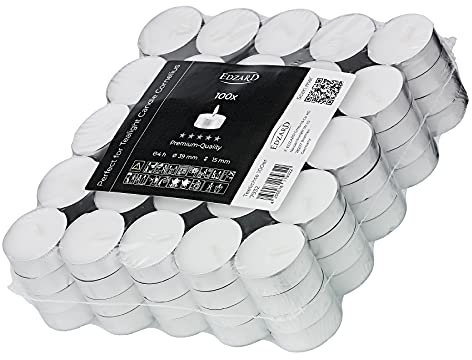 EDZARD Lot de 100 bougies chauffe-plat (Ø 39 mm, 4 heures) en paraffine - Pour bougies chauffe-plat en verre, bougies chauffe-plat - Bougies et bougies chauffe-plat pour anniversaire, jours de fête