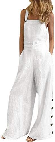 Minetom Donna Casual Elegante Salopette Lunga Tasche Tinta Unita Ragazza Overall Baggy Jumpsuit Playsuit Pantaloni Gamba Larga F Bianco 44
