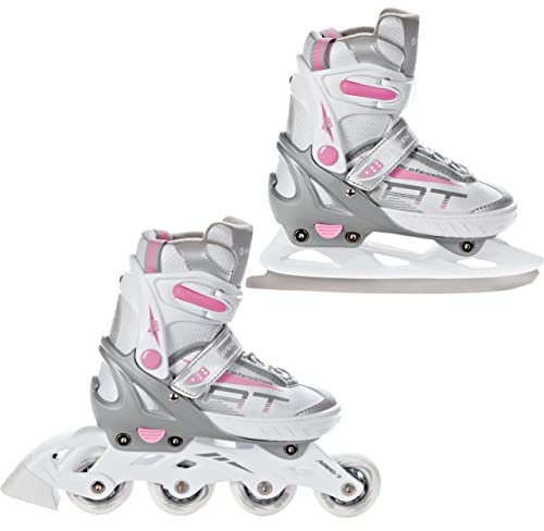 RAVEN Profession Inlineskates Inliner für Kinder und Erwachsene OPTIONAL 2in1 mit Schlittschuhen verstellbar (White/Pink mit Kufen, 28-32 (18,5cm-21cm))