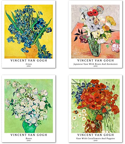 Kunstdruck Ungerahmt Bilder Set von 4, Poster Größe: 20x25 cm Premium Blumen Kunstpapier Wanddeko Vintage Wandbild Hochauflösend Wunderbarem Prints Passenden Küche Deko Vincent Van Gogh Posters