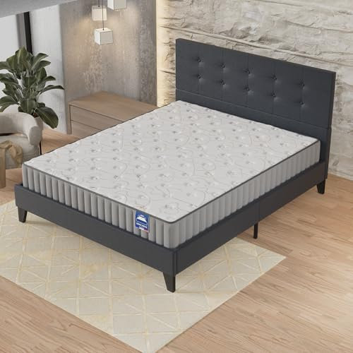 NOVEMBER- Ensemble Matelas + Sommier & tête de lit capitonnée (140 x 190cm)- Matelas Orionis Mousse Mémoire de Forme d’épaisseur 16cm + Lit Stable & Robuste, revêtement synthétique Noir