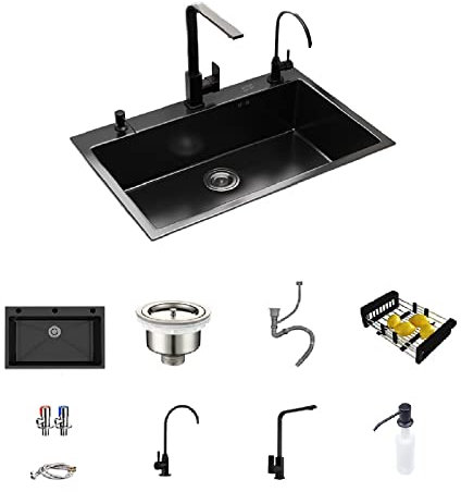 HGTRH Fregadero Negro Grande Cocina, Fregadero Bajo Encimera Negro 72x45, Fregadero Cocina un Seno 72x45cm De Acero Inoxidable, con 3 Agujeros De Montaje y Accesorios De Drenaje, Recubrimiento Nano
